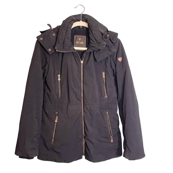 Post Card black Hooded Coat Italian Double Zipper Puffer Jacket Size 4 - Picture 1 of 16
